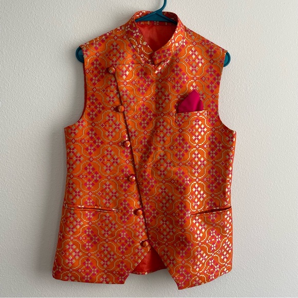 Men’s Orange Waistcoat Nehru Jacket (with pink pocket square) - Picture 4 of 7